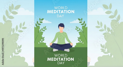 Man meditating with tropical plants for World Meditation Day poster