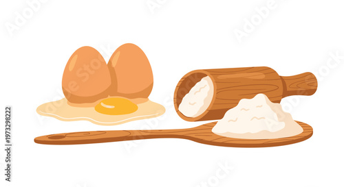 Fresh brown eggs with a spilled golden yolk are arranged beside a rustic wooden scoop and a large spoon overflowing with fine white baking flour.