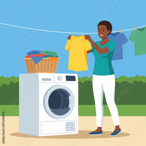A cheerful woman hangs freshly washed clothes on a line beside a washing machine in a sunny outdoor setting, symbolizing domestic life and cleanliness.