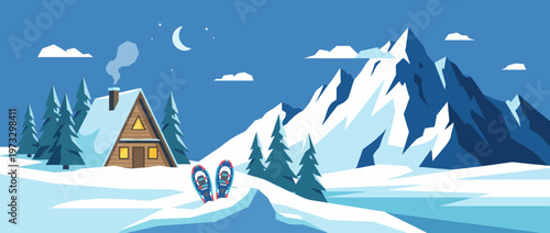 This picturesque winter scene features a cozy cabin surrounded by snow-covered mountains, evoking a sense of peace, adventure, and the beauty of nature during winter months.