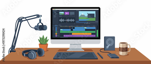 This image showcases a modern workspace featuring a computer with editing software, headphones, and a graphic tablet, creating an inspiring environment for creativity.