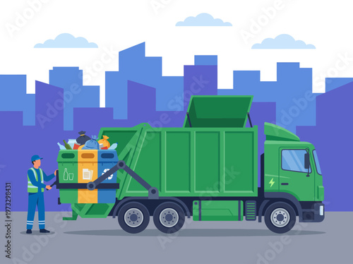 An illustrated garbage truck is collecting waste in a cityscape, highlighting the essential function of sanitation and environmental cleanliness in urban areas.