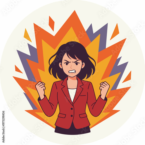 A fierce businesswoman stands with clenched fists, wearing a red blazer, amidst a vibrant explosion of color representing anger and determination in a professional setting.