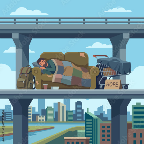 A graphic depiction of a homeless man sleeping on a couch in a city, surrounded by urban landscapes, symbolizing struggle, hope, and resilience in difficult circumstances.