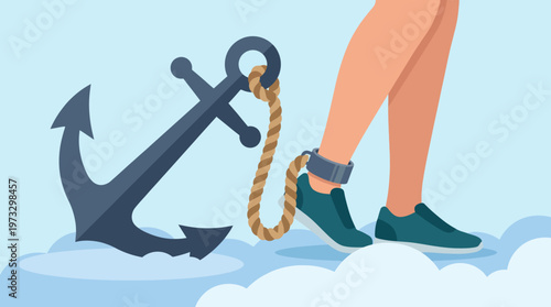 This image shows a foot anchored to an oversized anchor with a rope, symbolizing feelings of being weighed down or restricted in a surreal, cloud-filled atmosphere.