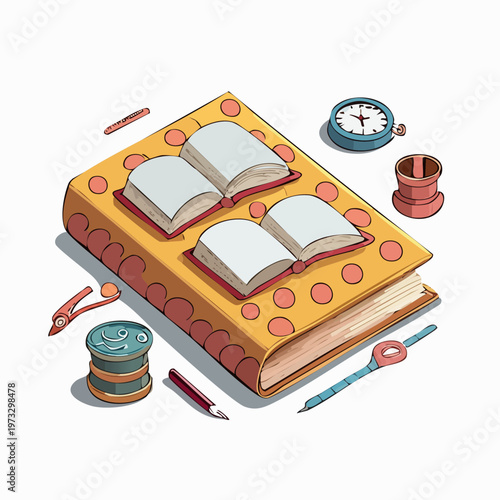 Large yellow book with open pages.