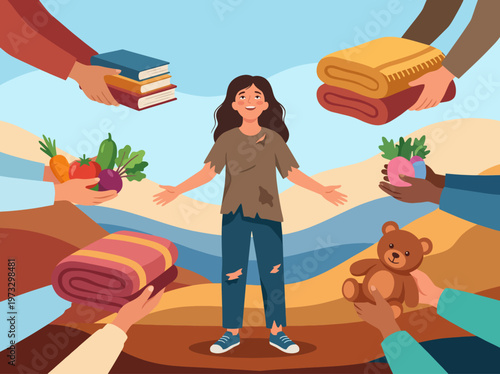 A young girl stands in the center, surrounded by hands offering books, food, and blankets, symbolizing community support and the power of generosity amidst need.
