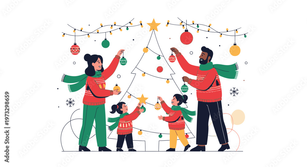 Fototapeta premium Happy Family Decorating Christmas Tree Together, Festive Holiday Season