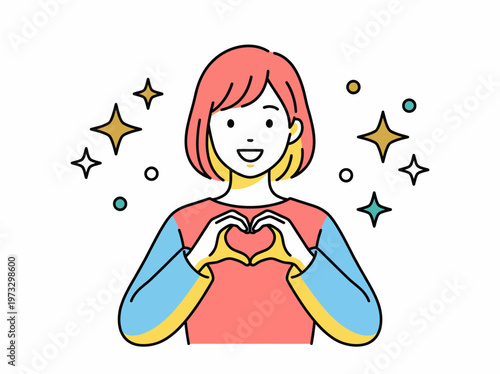 Foto A joyful woman creates a heart shape with her hands, surrounded by sparkling elements, representing love, positivity, and emotional connection in a colorful illustration