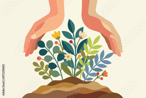 Gentle hands are nurturing and protecting growing plants, symbolizing care for nature, growth, and environmental awareness, reflecting harmony between humans and nature.