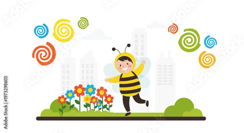 Happy Child in Bee Costume Playing in a Flower Garden with Cityscape Background