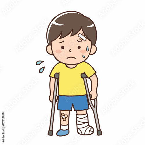 A sad young boy on crutches, visibly distressed by his injuries, captures emotions of struggle and resilience while conveying the challenges faced during recovery.