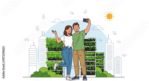 Happy couple taking a selfie in front of a green wall building, urban nature concept