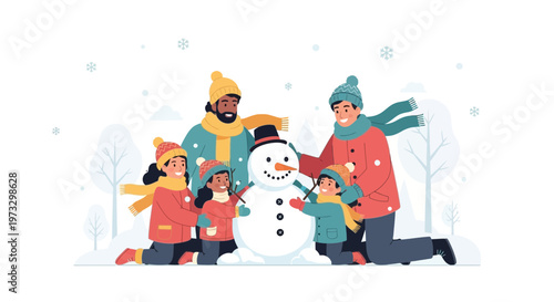 Happy family building snowman in winter snow, outdoor winter activity, lifestyle