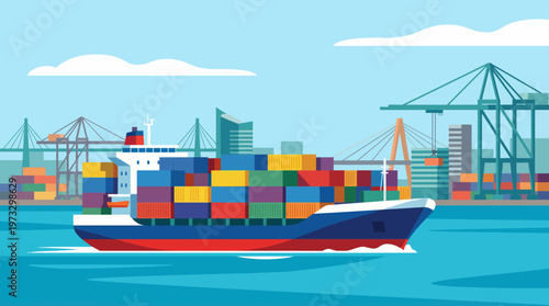 A colorful cargo ship transporting a variety of containers showcases modern logistics and trade in a vibrant port scene with cranes and buildings in the background.