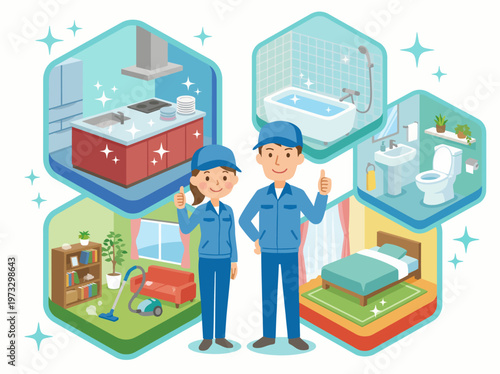 This image showcases a cheerful cleaning crew with modern elements, symbolizing professional cleaning services and the importance of tidiness in home and workplace environments.