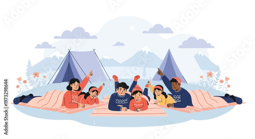 Happy Family Camping in Winter Mountains, Enjoying Nature and Stargazing