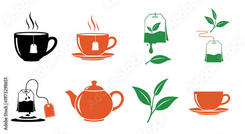 Collection of tea-related vector illustration icons, including teacups, teapots, and tea leaves