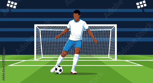 Vector illustration of a soccer player dribbling the ball in a stadium during a game, A4 eps