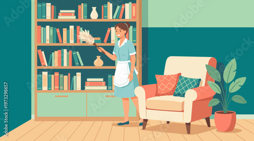 The image represents a detailed illustration of a woman cleaning in a beautifully organized space, highlighting the importance of cleanliness and attention to detail in everyday life.