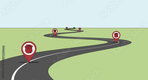 Winding Road with Location Pins Illustrating a Journey or Route.