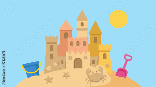 A whimsical sand castle by the beach, featuring towers, crabs, and beach tools, ideal for summer fun, children's play, and a joyful outdoor experience at the seaside.