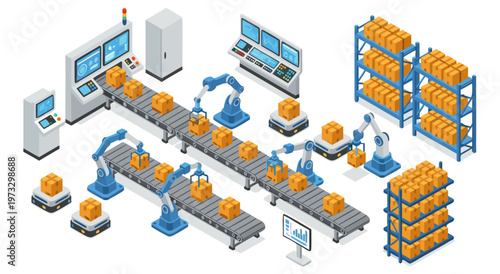 Isometric vector illustration of an automated warehouse with conveyor belts, robotic arms, and shelves full of boxes, showcasing modern logistics technology