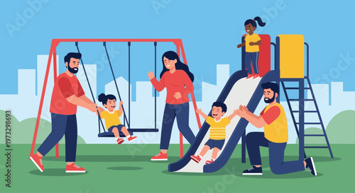 Happy family playing together on playground, parents pushing kids on swings and slide