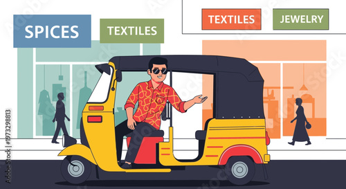 Indian auto rickshaw driver in colorful shirt navigates busy street with shops selling spices, textiles, and jewelry.