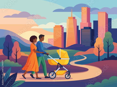 A couple takes a peaceful stroll in a park with a baby stroller, surrounded by colorful trees and a modern city skyline, evoking a sense of family and urban life balance.