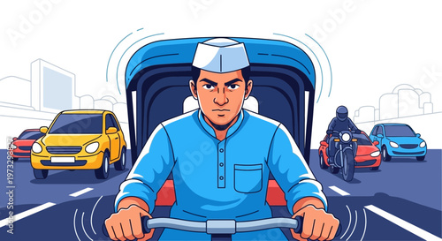 Indian Auto Rickshaw Driver Navigating Busy City Traffic, Daily Commute