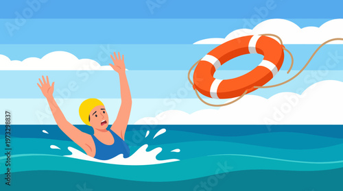 A distressed swimmer waves for help as they reach for a lifebuoy floating nearby, illustrating the urgency and vulnerability of human life in an unpredictable ocean environment.