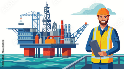 A confident worker poses on an offshore oil rig, equipped with safety gear, representing diligence and professionalism in the energy industry against a backdrop of ocean waves.