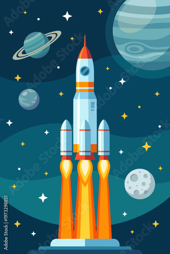 A dynamic rocket lifts off against a cosmic backdrop, filled with stars and planets, symbolizing humanity’s quest for exploration and adventure in the vast universe.