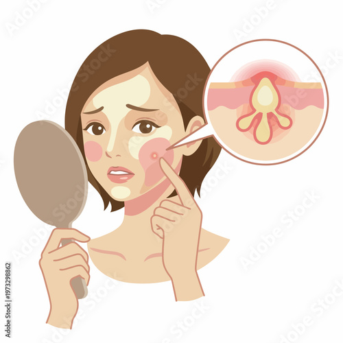 An informative illustration features a woman checking her face in the mirror, addressing skin concerns with clear visuals of a blemish, highlighting the need for self-care.