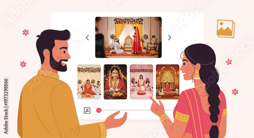 Indian Couple Selects Wedding Photos from Digital Album on Screen
