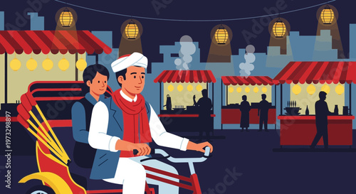 Indian man driving a cycle rickshaw through a vibrant night market with food stalls and lights