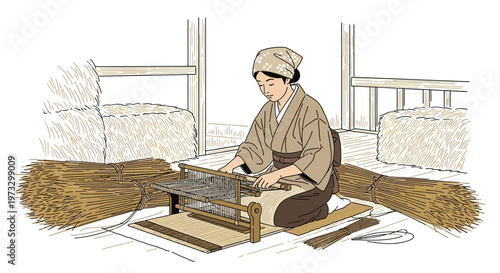 Japanese woman weaving traditional textile on loom, rural setting, historical craft