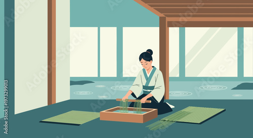 Japanese Woman Weaving Traditional Fabric in a Serene Room