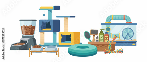 An illustration showcasing various pet care items, including a cat tree, food dispenser, and grooming products, highlighting the essentials for pet owners and their furry friends.