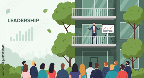 Leadership concept: speaker addressing crowd from balcony, business growth graph