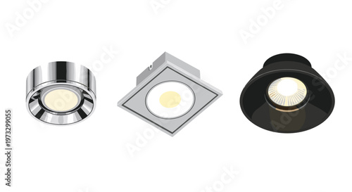 Three sophisticated recessed ceiling light fixtures featuring diverse geometric shapes and metallic finishes provide a modern lighting solution for contemporary interior spaces.