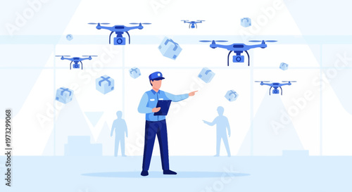 Logistics manager controlling drone delivery fleet with cargo boxes in modern warehouse