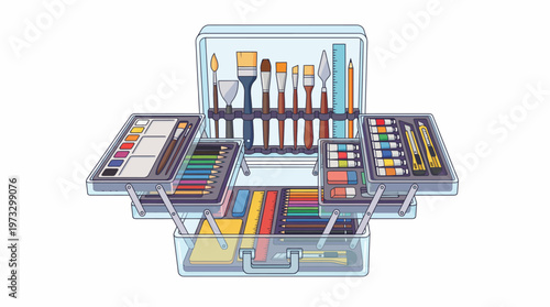 An organized art supply toolbox filled with various tools like colored pencils, brushes, and paints, representing creativity and the joy of artistic endeavors.