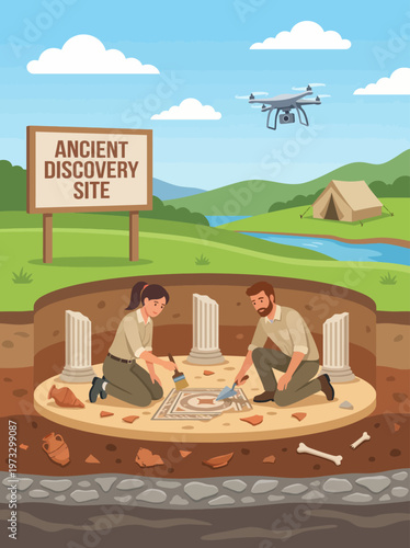 Two archaeologists working on an excavation site uncovering ancient relics and artifacts, showcasing the fascination of discovering the past and the excitement of archaeology.