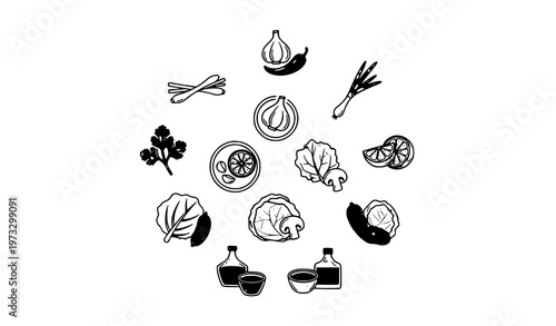 Modern Thai BBQ vegetable icons collection with herbs, spices, and dipping sides