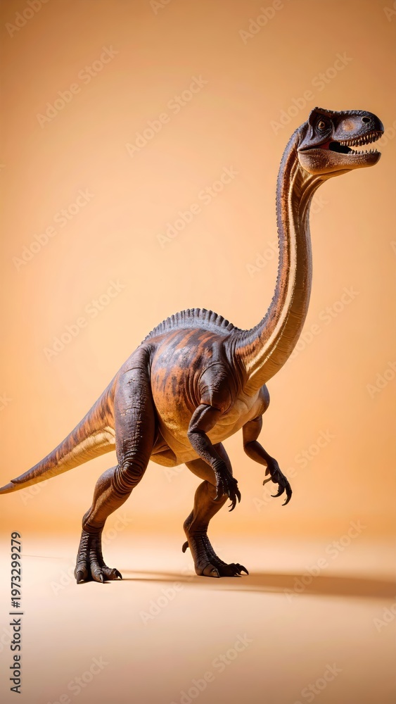 Fototapeta premium Realistic Dinosaur Model in Studio Shot Against a Warm Beige Background for Educational Purposes