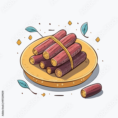 Bundled cut sugarcane on plate.