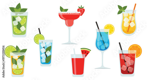 A vibrant collection of eight assorted tropical cocktails and summer drinks is garnished with fresh fruit slices and mint leaves on a white background.