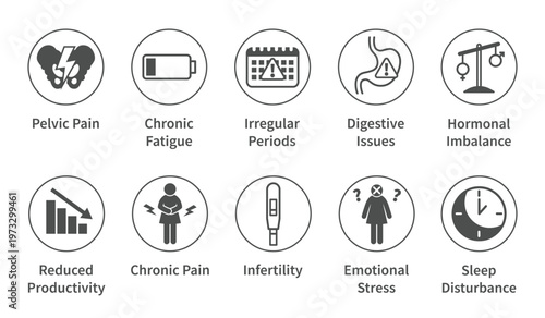 Women health icons set representing common symptoms and medical conditions including pelvic pain fatigue irregular periods digestive issues hormonal imbalance infertility emotional stress reduced prod
